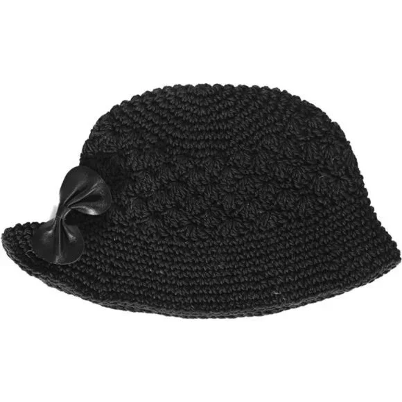 Women Winter Crochet Bucket Hat Bow Black